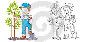 Coloring page with boy growing tree